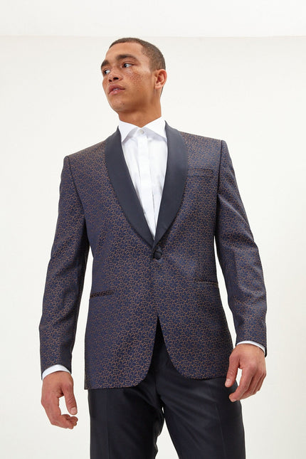 Men's Contrast Shawl Lapel Tuxedo Jacket - Navy | Ron Tomson
