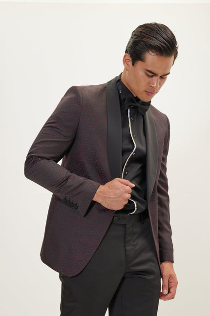 Men's Contrast Shawl Lapel Tuxedo Jacket - Black Burgundy | Ron Tomson