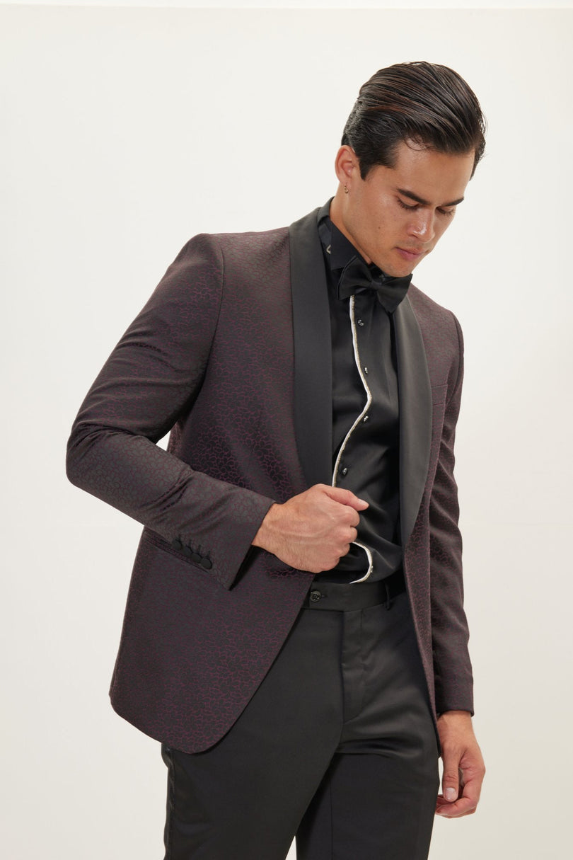 Men's Contrast Shawl Lapel Tuxedo Jacket - Black Burgundy | Ron Tomson