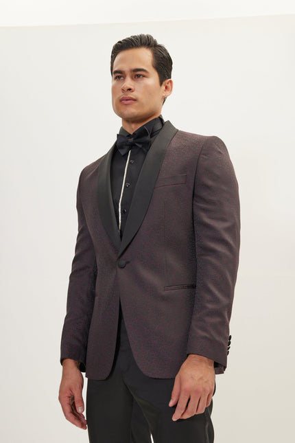 Men's Contrast Shawl Lapel Tuxedo Jacket - Black Burgundy | Ron Tomson