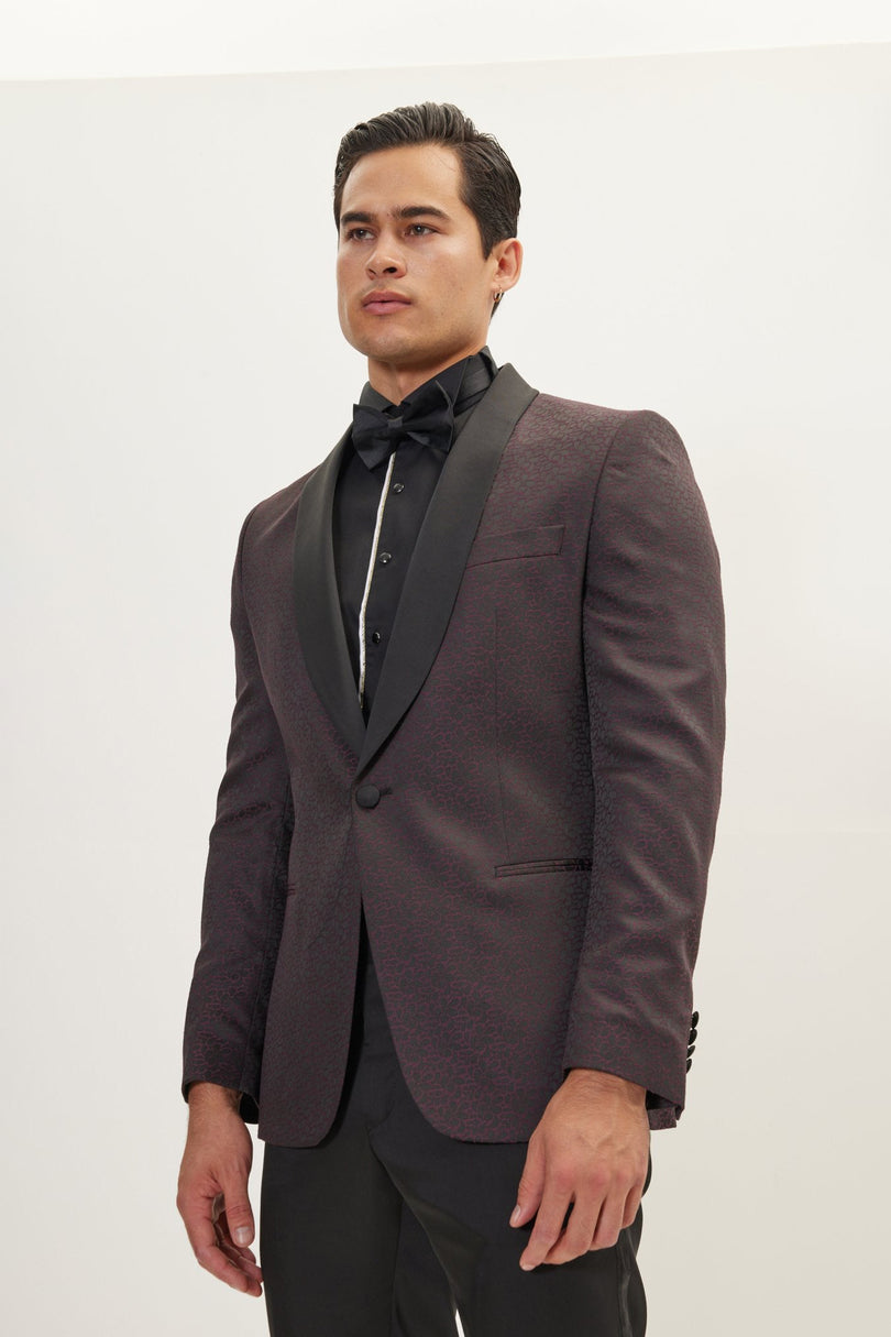 Men's Contrast Shawl Lapel Tuxedo Jacket - Black Burgundy | Ron Tomson
