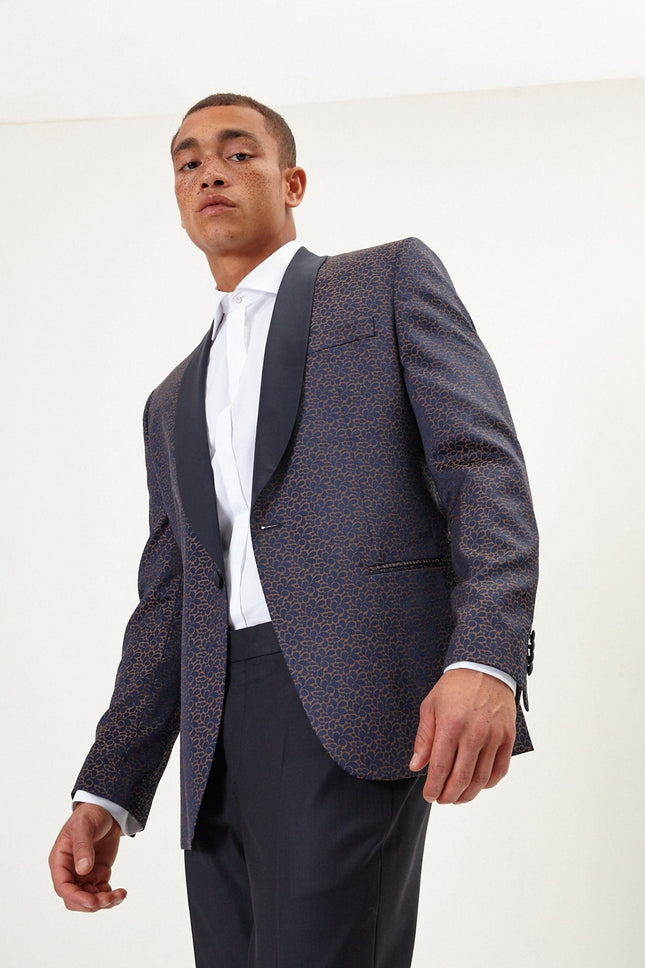 Men's Contrast Shawl Lapel Tuxedo Jacket - Navy | Ron Tomson