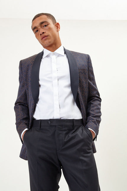 Men's Contrast Shawl Lapel Tuxedo Jacket - Navy | Ron Tomson
