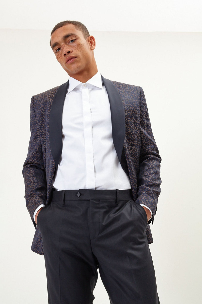 Men's Contrast Shawl Lapel Tuxedo Jacket - Navy | Ron Tomson