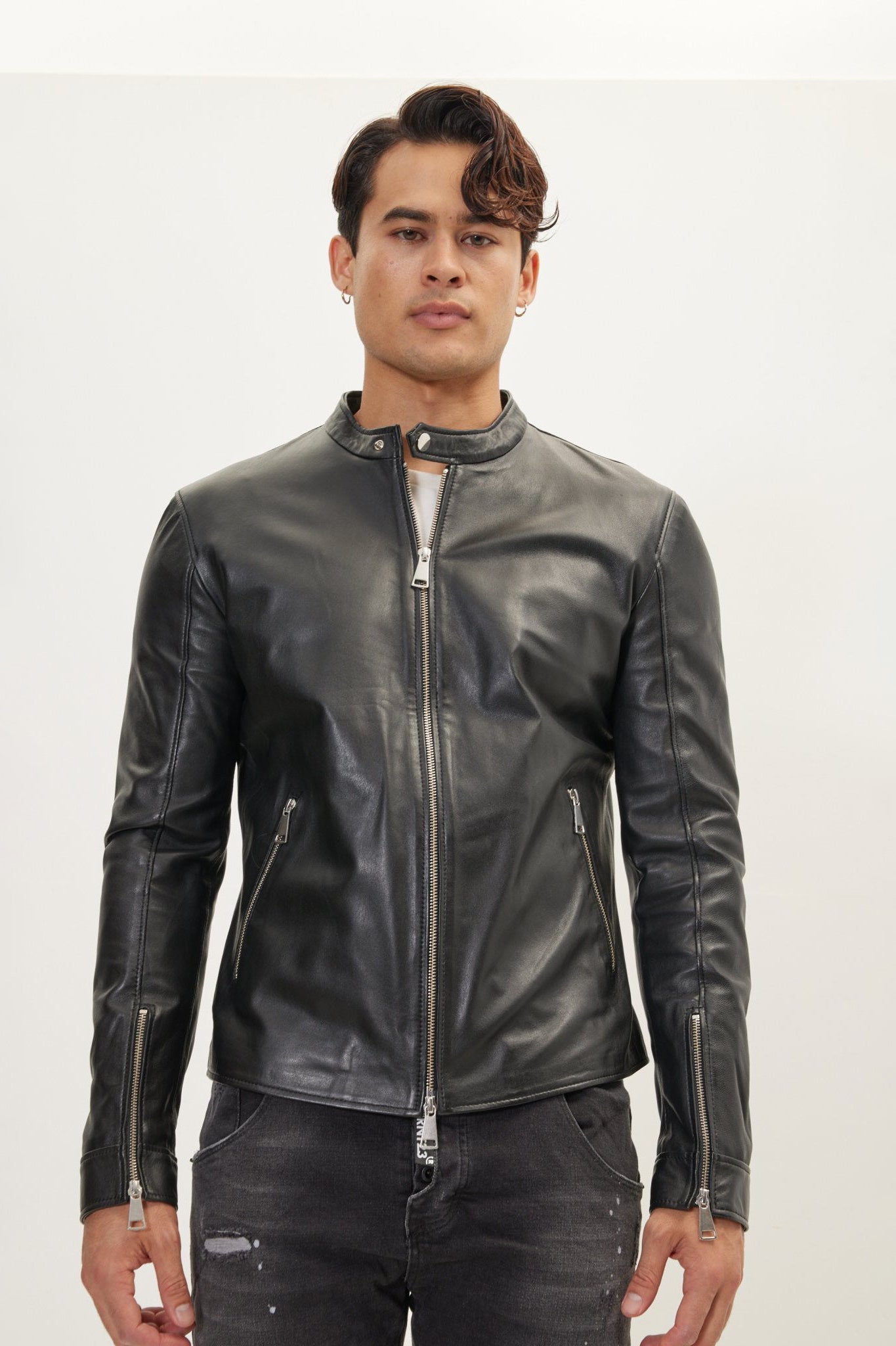 Men's Falcon Full-Grain Leather Cafe Racer Jacket - Black | Ron Tomson