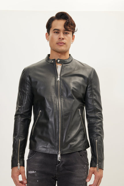 Men's Falcon Cafe Racer Leather Jacket - Black | Ron Tomson