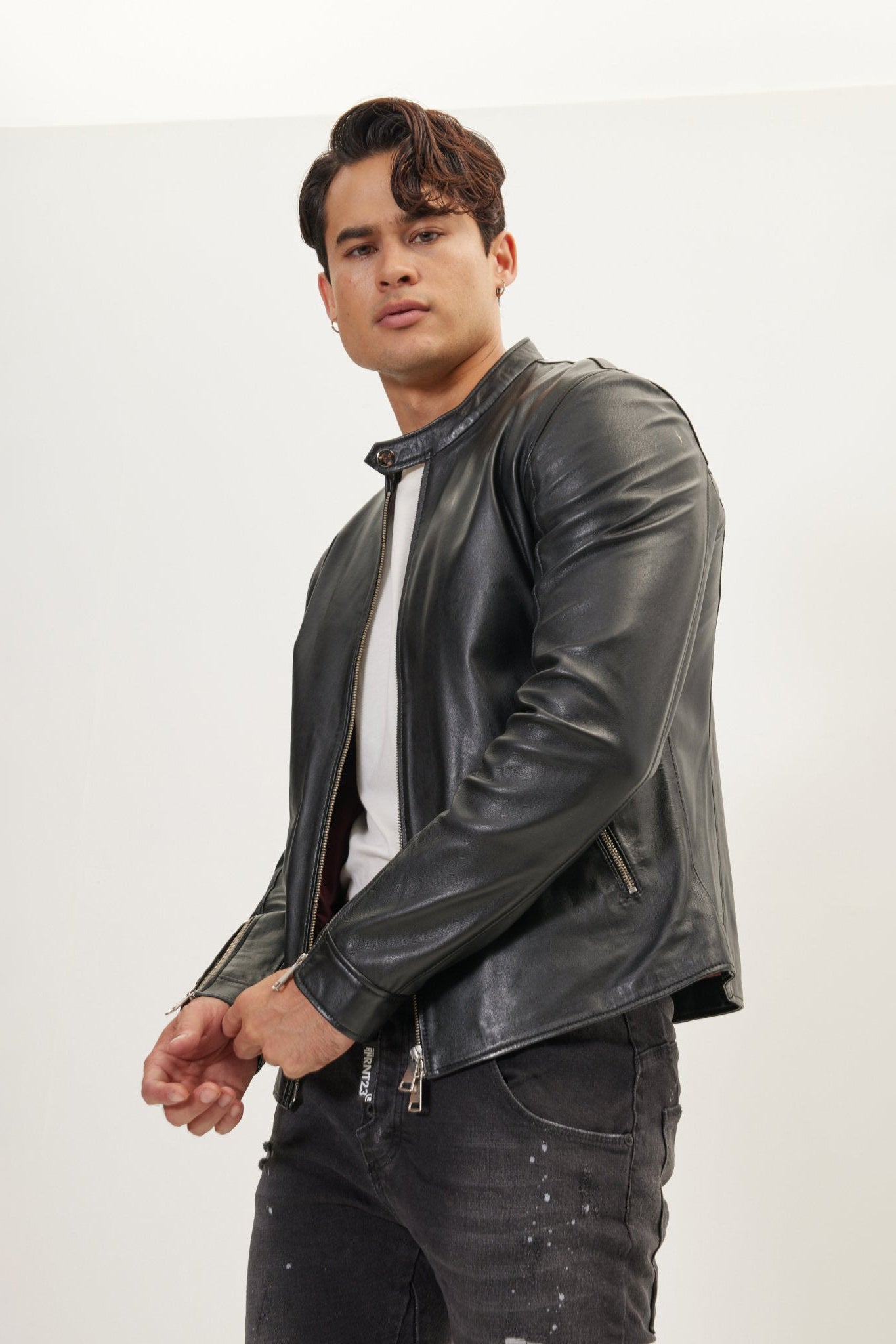 Men's Falcon Full-Grain Leather Cafe Racer Jacket - Black | Ron Tomson