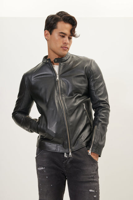 Men's Falcon Cafe Racer Leather Jacket - Black | Ron Tomson