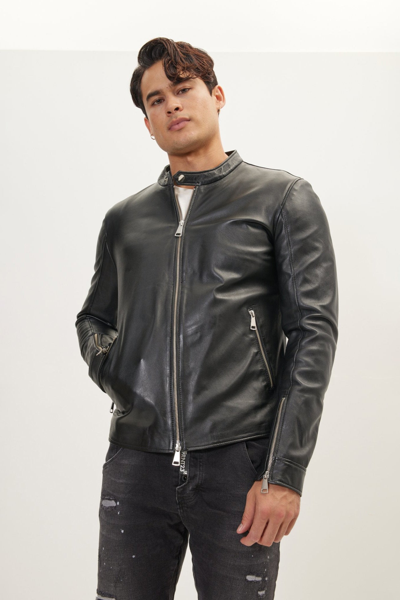 Men's Falcon Full-Grain Leather Cafe Racer Jacket - Black | Ron Tomson