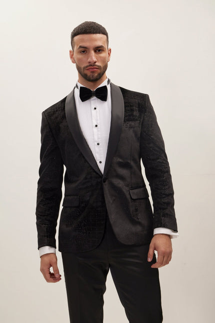 Men's Croc Embossed Shawl Collar Tuxedo Jacket - Black | Ron Tomson