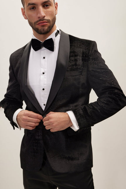 Men's Croc Embossed Shawl Collar Tuxedo Jacket - Black | Ron Tomson