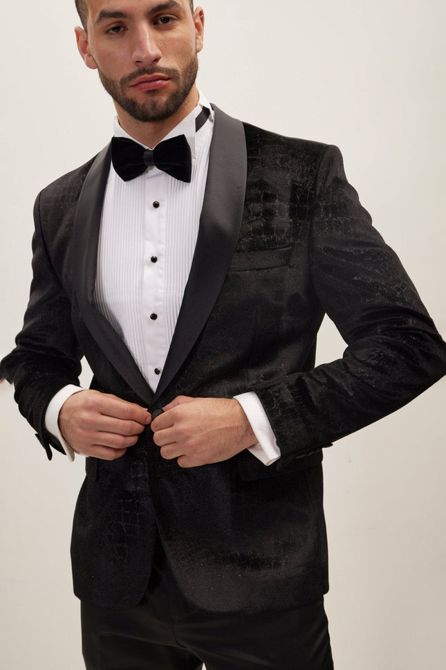 Men's Croc Embossed Shawl Collar Tuxedo Jacket - Black | Ron Tomson