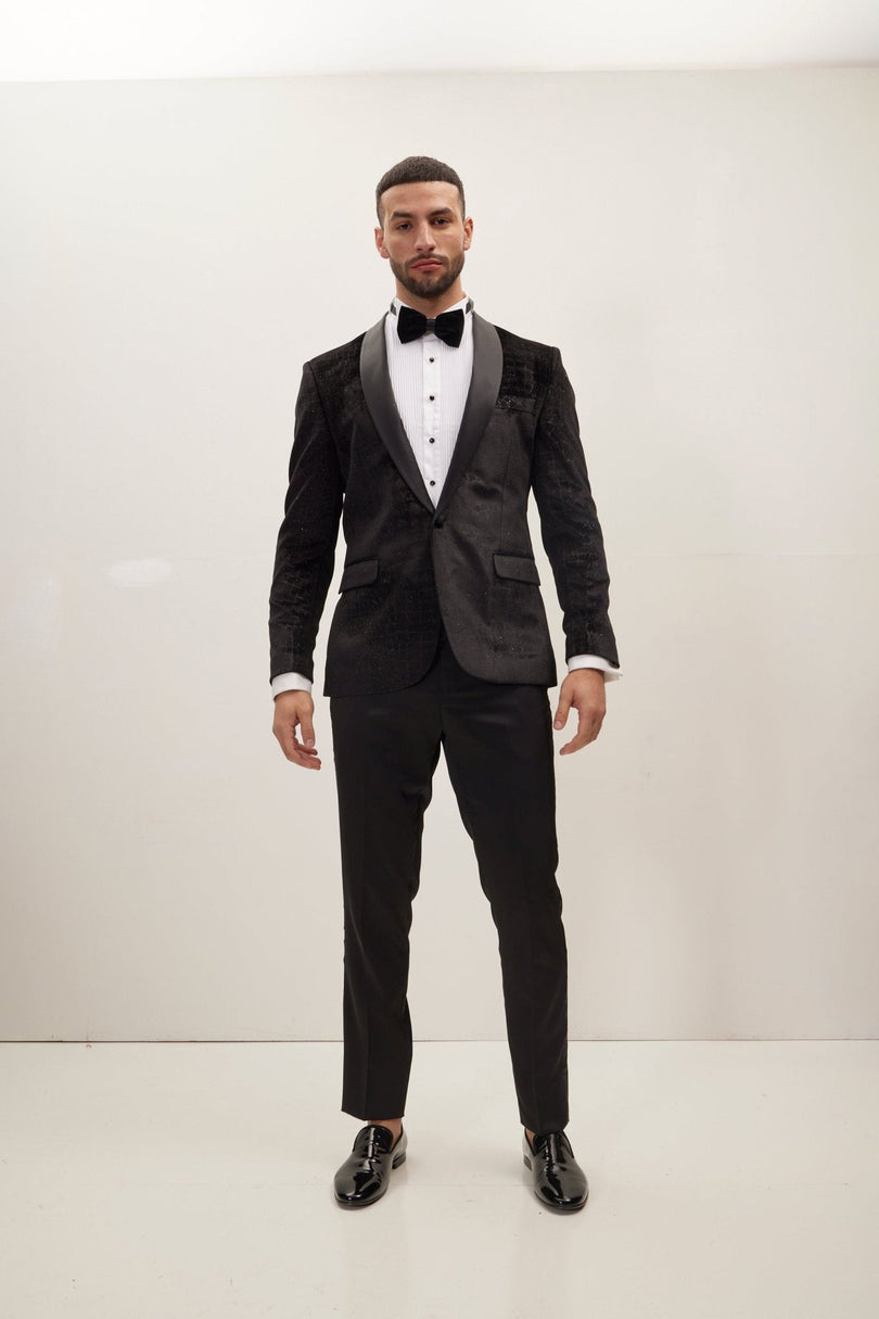 Men's Croc Embossed Shawl Collar Tuxedo Jacket - Black | Ron Tomson