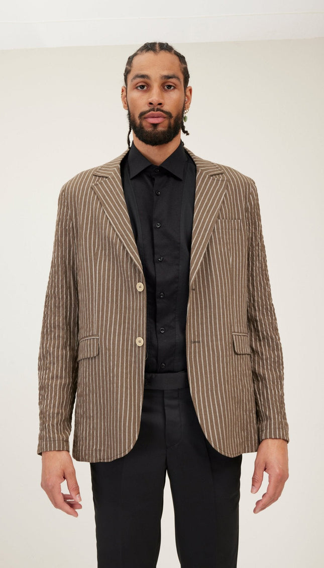 Cotton Crinkle Striped Blazer - Khaki
