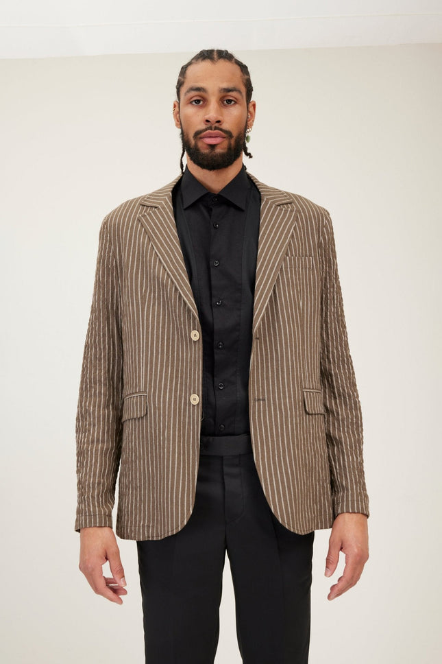 Men's Cotton Crinkle Striped Blazer - Khaki | Ron Tomson
