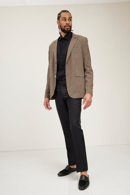 Men's Cotton Crinkle Striped Blazer - Khaki | Ron Tomson