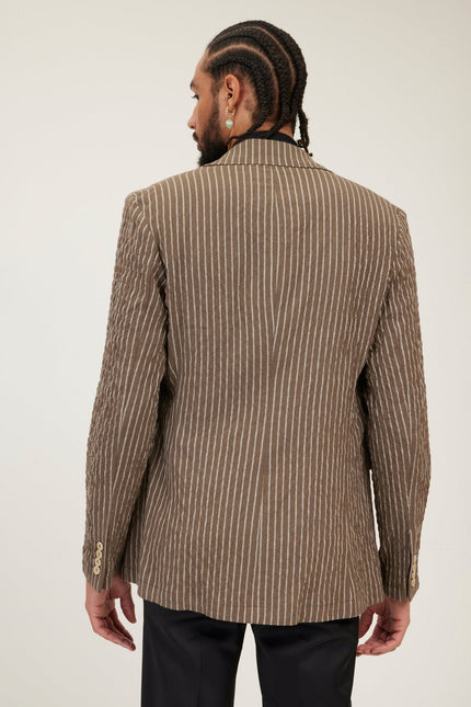 Men's Cotton Crinkle Striped Blazer - Khaki | Ron Tomson