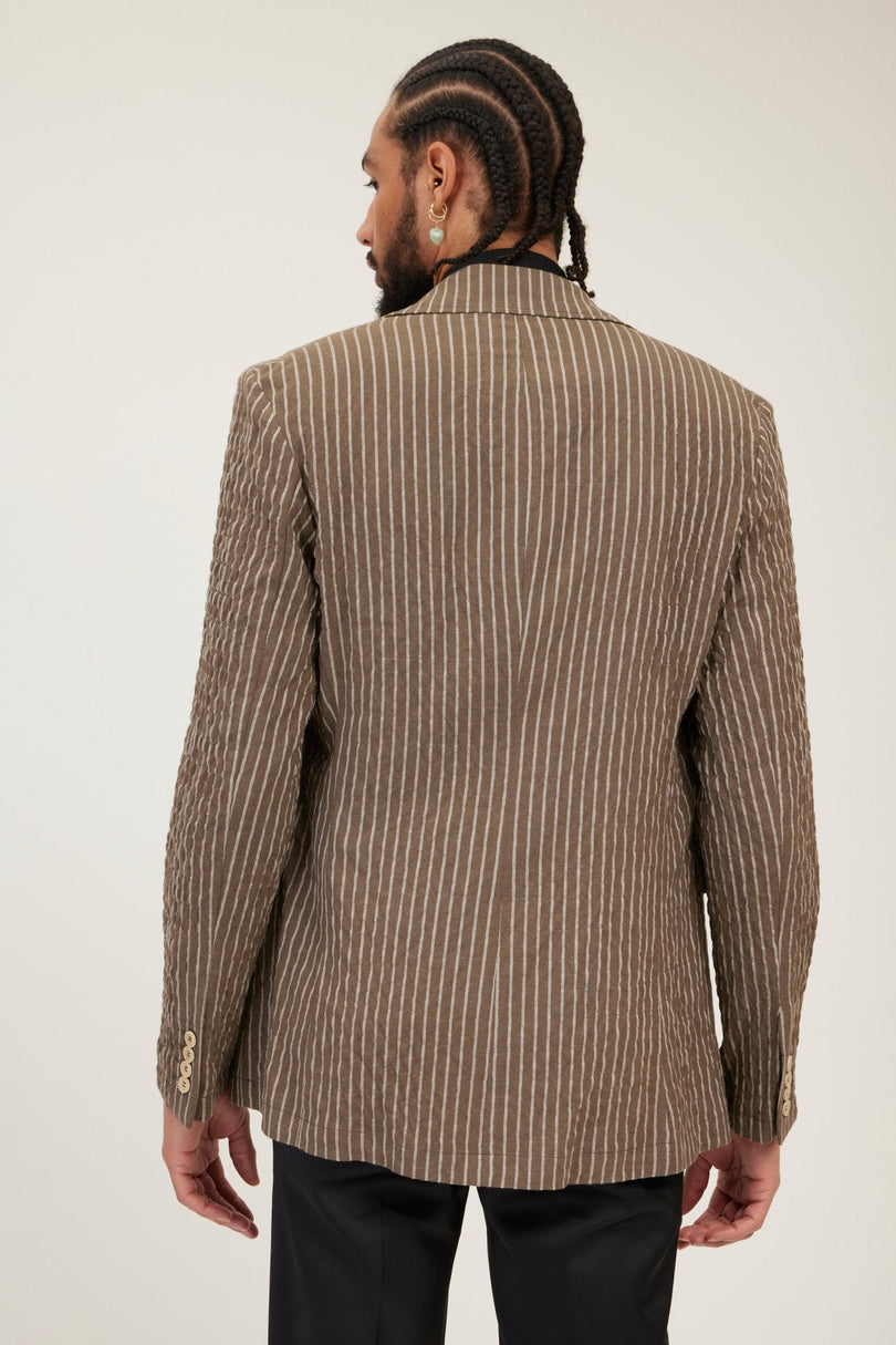 Men's Cotton Crinkle Striped Blazer - Khaki | Ron Tomson