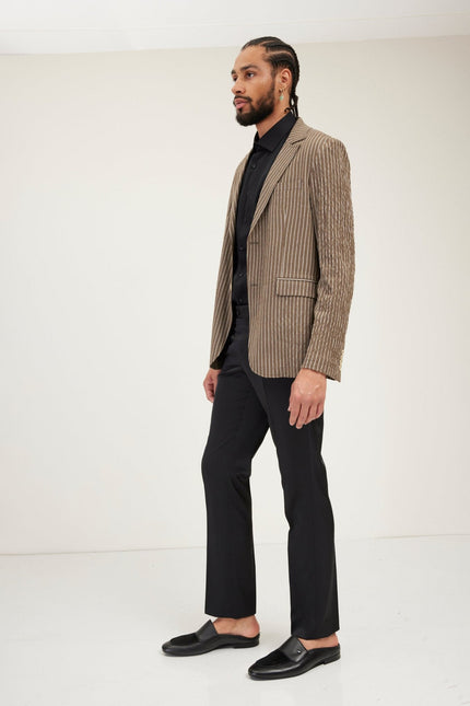Men's Cotton Crinkle Striped Blazer - Khaki | Ron Tomson