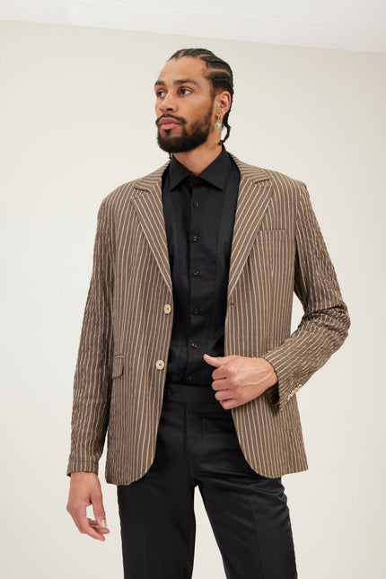 Men's Cotton Crinkle Striped Blazer - Khaki | Ron Tomson