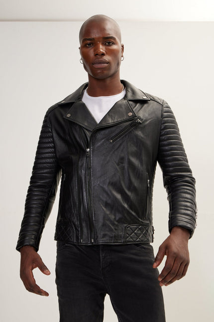 Men's Quilted Nappa Lambskin Motorcycle Jacket - Black | Ron Tomson