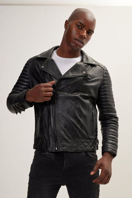 Men's Quilted Nappa Lambskin Motorcycle Jacket - Black | Ron Tomson