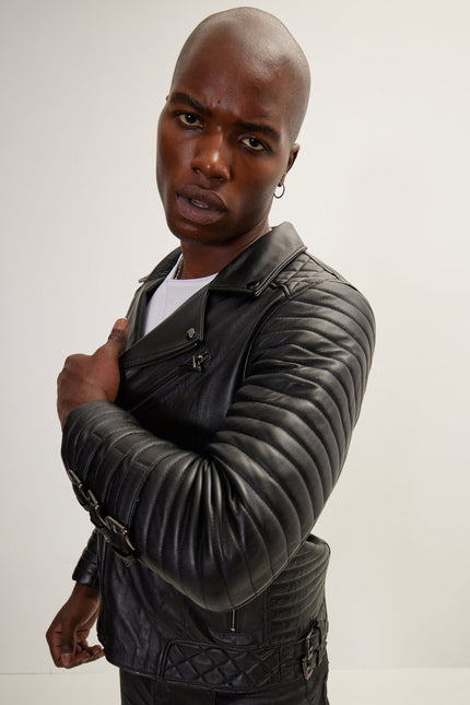 Men's Quilted Nappa Lambskin Motorcycle Jacket - Black | Ron Tomson