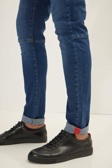 Men's Inner Red Stripe Denim Jeans - Navy | Ron Tomson