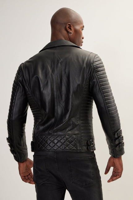 Men's Quilted Nappa Lambskin Motorcycle Jacket - Black | Ron Tomson