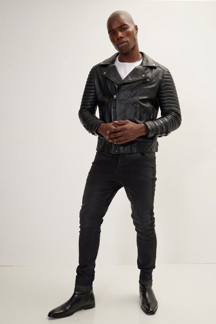 Men's Quilted Nappa Lambskin Motorcycle Jacket - Black | Ron Tomson