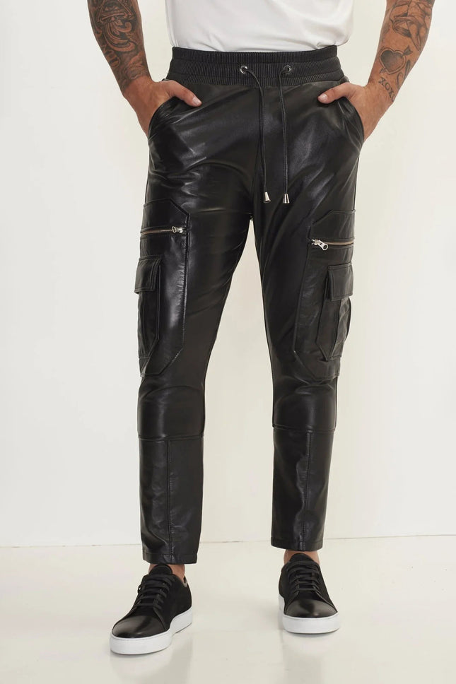 Men's Lambskin Leather Joggers - Black | Ron Tomson