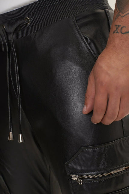 Men's Lambskin Leather Joggers - Black | Ron Tomson