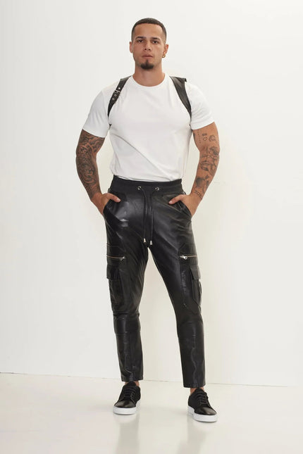 Men's Lambskin Leather Joggers - Black | Ron Tomson