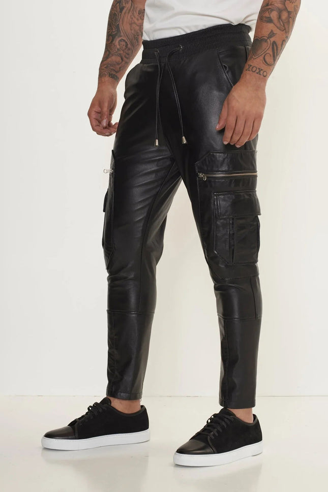 Men's Lambskin Leather Joggers - Black | Ron Tomson