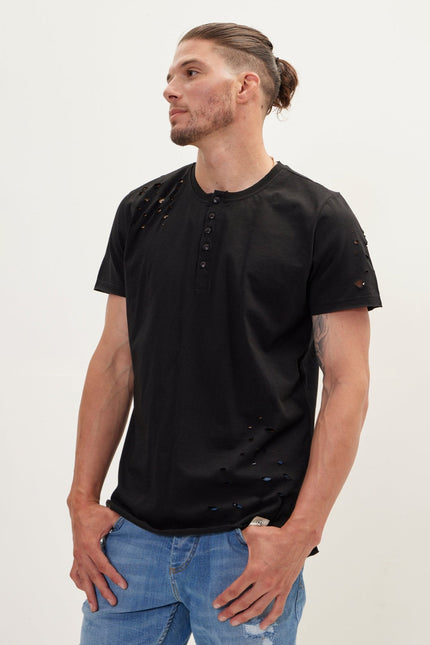 Men's Distressed Cotton Henley T-Shirt - Black | Ron Tomson