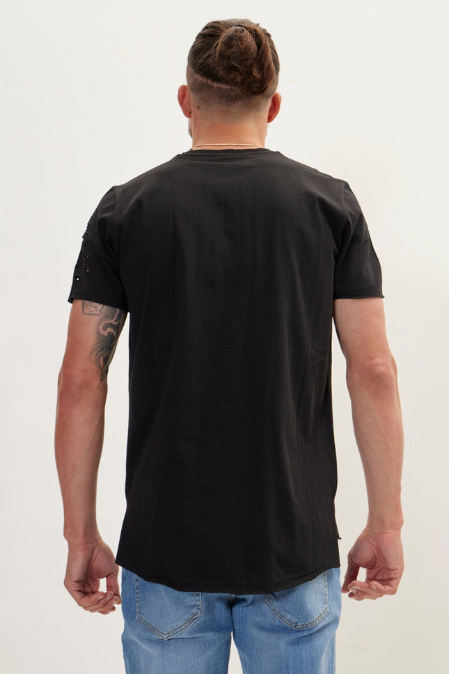 Men's Distressed Cotton Henley T-Shirt - Black | Ron Tomson