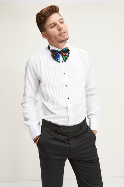 Men's Diagonal Pleated Tuxedo Shirt - White | Ron Tomson