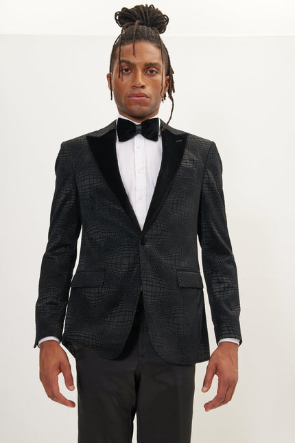 Men's Flocked Velvet Peak Lapel Tuxedo Jacket - Black | Ron Tomson