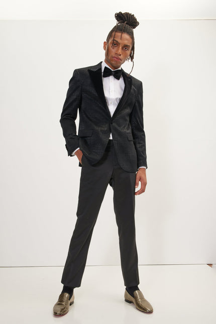 Men's Flocked Velvet Peak Lapel Tuxedo Jacket - Black | Ron Tomson
