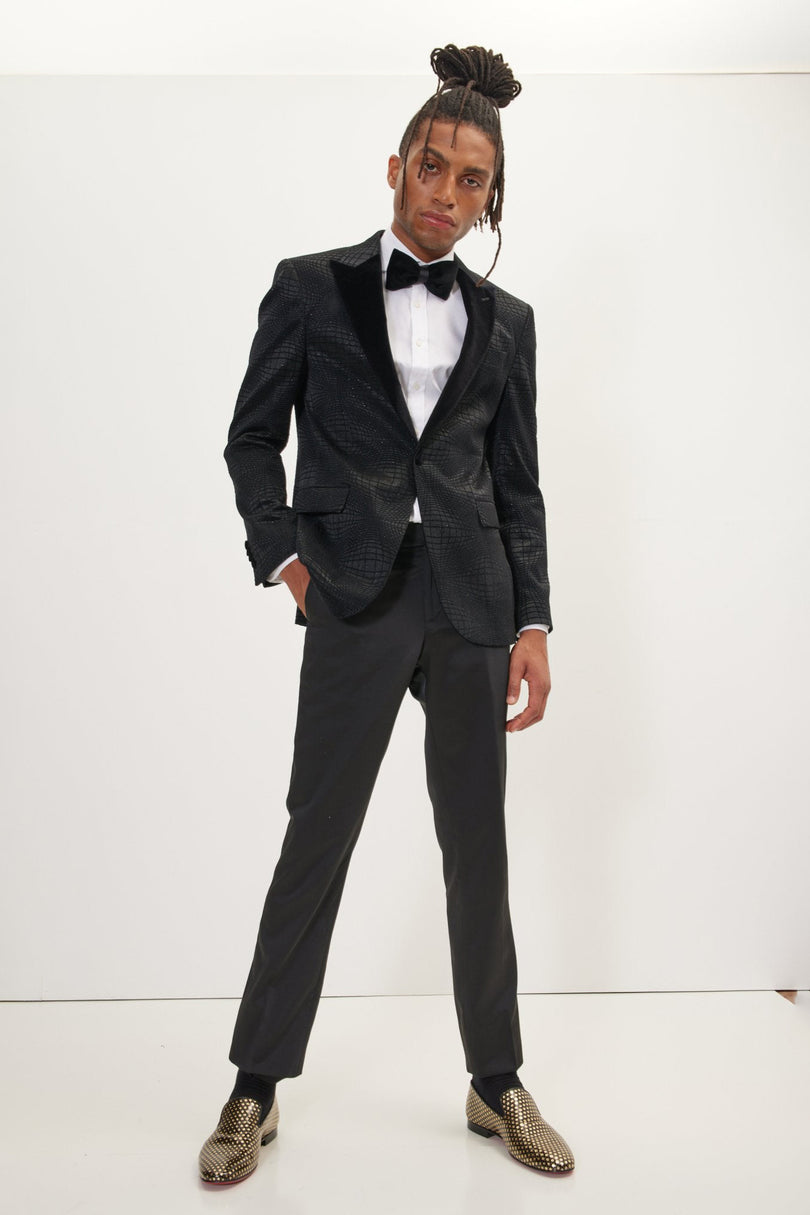 Men's Flocked Velvet Peak Lapel Tuxedo Jacket - Black | Ron Tomson