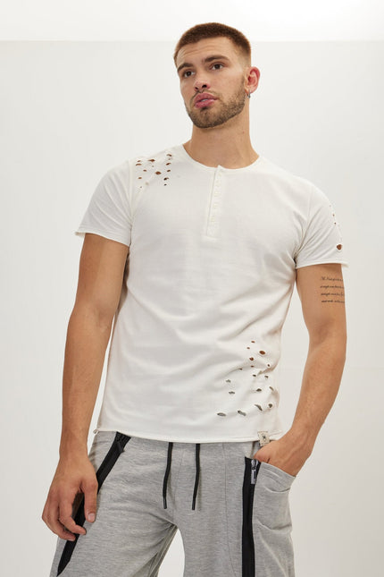 Men's Cotton Distressed Henley T-Shirt - Off-White | Ron Tomson