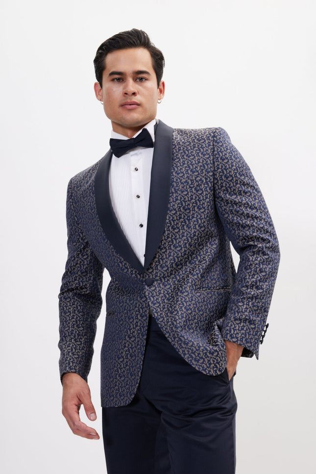 Men's Contrast Shawl Lapel Tuxedo Jacket - Navy Beige | Ron Tomson