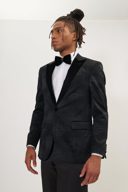 Men's Flocked Velvet Peak Lapel Tuxedo Jacket - Black | Ron Tomson