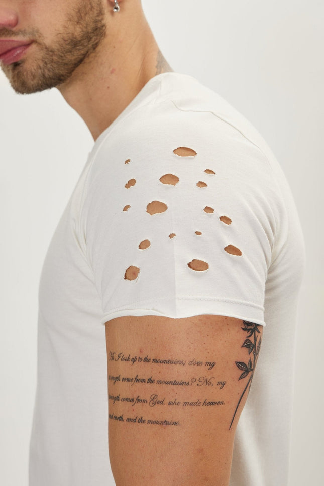 Men's Cotton Distressed Henley T-Shirt - Off-White | Ron Tomson