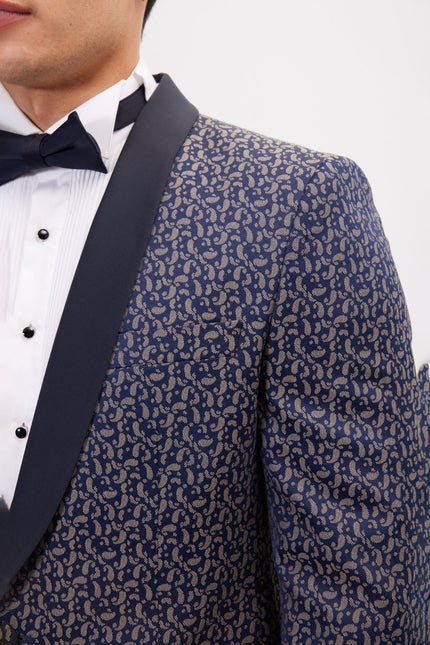 Men's Contrast Shawl Lapel Tuxedo Jacket - Navy Beige | Ron Tomson