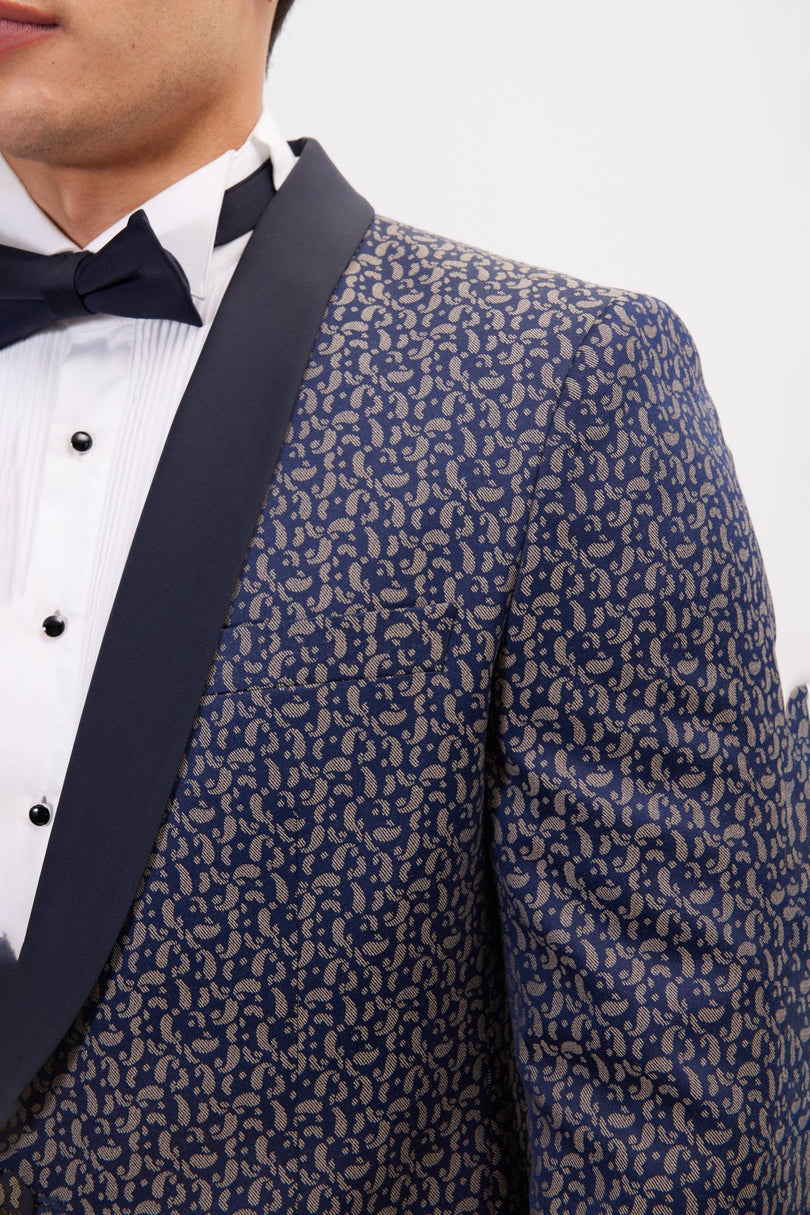 Men's Contrast Shawl Lapel Tuxedo Jacket - Navy Beige | Ron Tomson