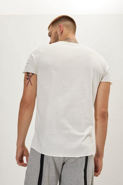 Men's Cotton Distressed Henley T-Shirt - Off-White | Ron Tomson