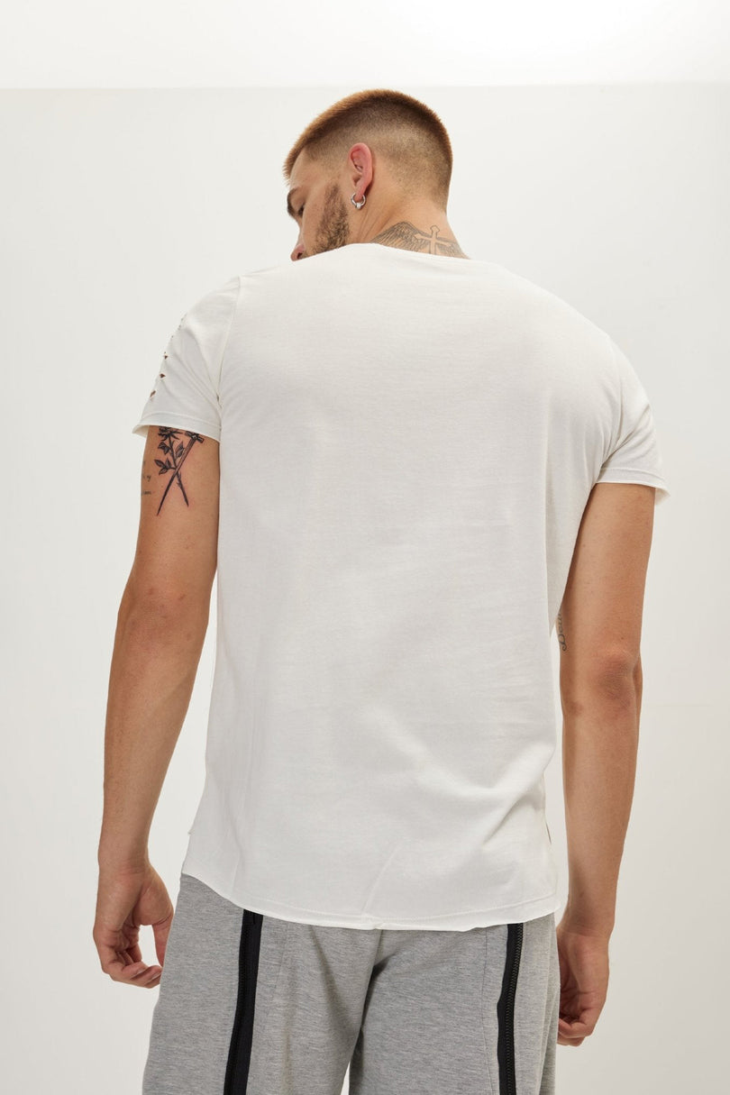 Men's Cotton Distressed Henley T-Shirt - Off-White | Ron Tomson