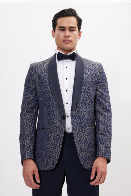 Men's Contrast Shawl Lapel Tuxedo Jacket - Navy Beige | Ron Tomson