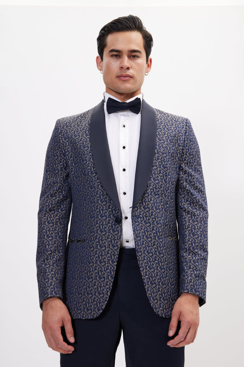 Men's Contrast Shawl Lapel Tuxedo Jacket - Navy Beige | Ron Tomson